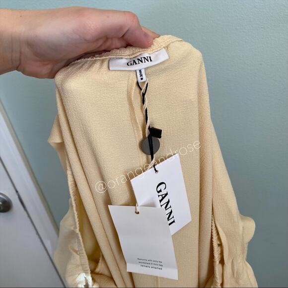 NWT GANNI Cream Tan Neutral Crepe Long Sleeve Ribbon Maxi Dress Clark 38 Medium - Picture 8 of 9